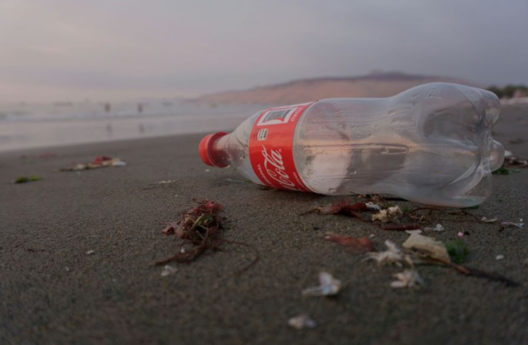 botella de coca cola tirada al lado del mar