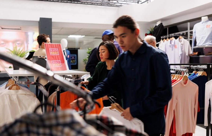 hombre y mujer mirando las perchas de un local de ropa